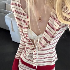 批发Rase le sol‘Strawberry Layers’美式慵懒<b class='q'>条纹</b><b class='q'>针织</b><b class='q'>开衫</b>短裤套装