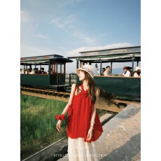 批发FF BLUE玫瑰故事挂脖度假风显白红色上衣高腰<b class='q'>网纱</b>a字半<b class='q'>裙</b>套装