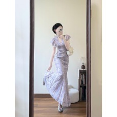 批发古董蔷薇2025夏季新款新中式风信紫花边装饰鱼尾连衣裙名媛长裙