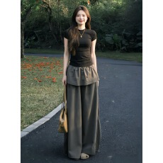 批发韩系松弛感穿搭套<b class='q'>装</b>夏季修身显瘦正肩<b class='q'>T</b><b class='q'>恤</b>假两件屁帘阔腿<b class='q'>裤</b><b class='q'>两件套</b>