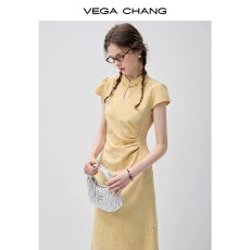 批发明星同款浅黄雅韵VEGA CHAN改良<b class='q'>旗袍</b>裙收腰新中式短袖连衣裙