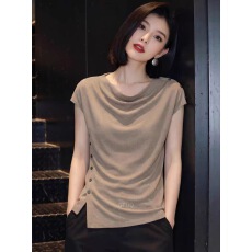 批发夏季别致不规则修身短款正肩上衣设计感卡其色短袖t恤女