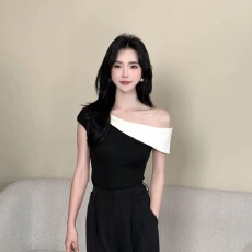批发露香肩<b class='q'>拼接</b>短袖T恤女2026新款打底衫➕高腰垂感休闲阔腿裤