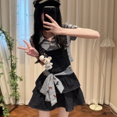 批发森林小玛 织物猪原创 甜美少女风夏季印花格子短袖<b class='q'>衬衫</b>牛仔背带裙