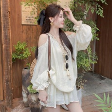 批发晓溪服饰韩系露肩气质宽松慵懒<b class='q'>长</b>袖显瘦衬衫<b class='q'>裙裤</b>时尚套装