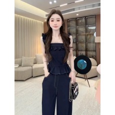 批发西恩定制●嗲系少<b class='q'>女</b>甜美原牛木耳边上衣+阔腿裤<b class='q'>套</b>装