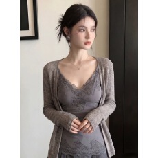 批发灰咖色防晒2026夏季新款<b class='q'>蕾丝</b>花边吊带开衫两件套女高级感设计气质