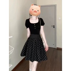 批发韩系复古波点套装群女2026夏季新款高级感泡泡袖上衣半身裙两件套