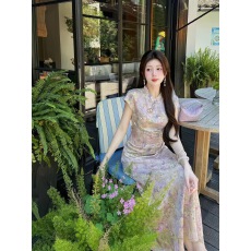 批发盈瓷<b class='q'>真丝</b>｜5/13 20:00上新 紫玫瑰 桑蚕丝人丝混纺油画风收腰旗袍