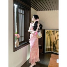 批发Sun雅乔忽逢桃花林不对称荷叶边雪纺印花连衣裙长裙