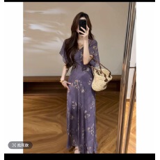 批发夏季新款紫色韵味蝙蝠袖V领修身显瘦<b class='q'>连衣裙</b>长裙