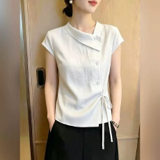 白色不对称设计感短袖上衣女2026夏季新款通勤风时尚气质侧边系带