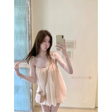 批发白水女 粉雾苏黎尔 碎褶吊带短裙女夏季仙女风轻盈飘逸蓬蓬<b class='q'>连衣裙</b>
