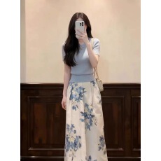 批发韩系小香风穿搭一整套女2026年夏季显瘦气质<b class='q'>上衣</b><b class='q'>碎花</b>半身裙两件套