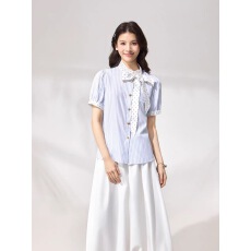 批发原野空间GRASS SPACE蓝色条纹泡泡袖<b class='q'>T</b><b class='q'>恤</b>女夏韩系学院风蝴蝶结短袖