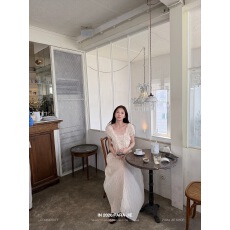 批发Para Jie诗杰 天丝亚麻法式V领蕾丝<b class='q'>拼接</b><b class='q'>连衣裙</b>女夏温柔氛围感长裙