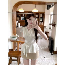 批发画解WAHJU 艾蜜莉 夏季法式气质收腰短袖绑带衬衫上衣女蕾丝短裙