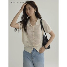 Joli Choose镂空设计感翻领T恤女夏季热销法式气质休闲短袖上衣