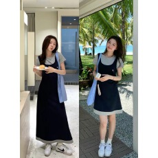批发火火火垦丁夏日80%莱赛尔<b class='q'>韩版</b>短袖连衣裙女假两件百搭t恤长裙