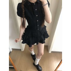 批发学院风泡泡袖黑色衬衫<b class='q'>连衣</b>裙女夏季辣妹小个子穿搭收腰a字短裙子