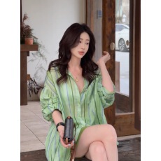 批发晴日郊野苎麻竖条纹衬衫夏季简约薄款衬衫套装