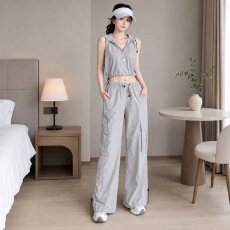 批发夏日ootd穿搭套装女2026<b class='q'>新款</b>拉链无袖连帽马甲+工装阔腿裤两件套