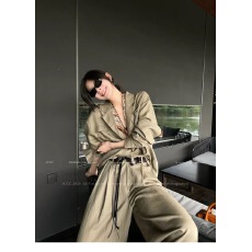 批发老钱风衬衫亚麻套装女装2026夏季复古军绿色棉麻衬衣休闲<b class='q'>裤</b>两件套