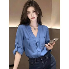 批发设计感小众蓝色v领<b class='q'>长袖</b><b class='q'>衬衫</b>女
