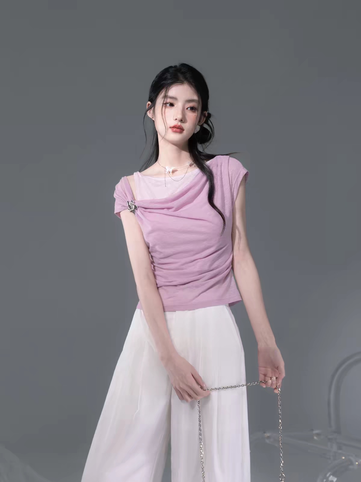 绵桃粉不对称荡领针织亚麻背心两件套 服裝批發女裝批發服飾貨源