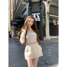批发迟伞伞26/ss 天鹅练习曲 miu系镂空刺绣镂空白<b class='q'>上衣</b>+半裙棉感套装