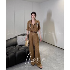 批发Liixu 夏季老钱风休闲气质套装休闲衬衫垂感阔腿裤显瘦通勤一整套