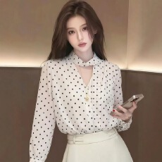 批发波点飘带领<b class='q'>长袖</b>衬衫女款2026新款夏季设计感法式小资别致<b class='q'>上衣</b>衬衣