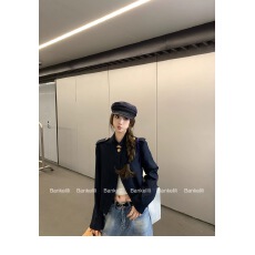 批发睿智老钱半开襟一粒扣老钱短款立领外套女秋