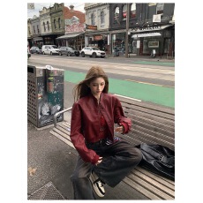 批发复古酒红色PU皮衣外套女2026秋季新款美式复古辣妹设计高级感夹克