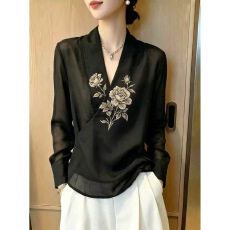 批发2026年新款轻薄透气显瘦好看上衣女长袖<b class='q'>宽松</b>大码印花打底<b class='q'>衬衫</b>秋季