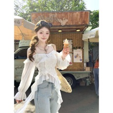 批发Q女家 山茶白日梦/度假白色<b class='q'>不规则</b>吊带长袖露肩上衣女长袖雪纺上