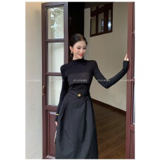 批发秋<b class='q'>冬</b>季高腰显瘦气质百搭法式赫本风黑色伞裙女连衣裙
