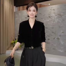 批发<b class='q'>韩版</b>时尚丝绒短款V领长袖<b class='q'>衬衫</b>上衣女2026秋季新款百搭显瘦外穿潮