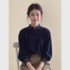 批发新中式女装藏青色立领<b class='q'>蕾丝</b>边丝绒上衣26秋季宽松显瘦气质国风小衫