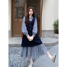 批发韩系复古学院风牛仔背心<b class='q'>连衣裙</b>套装女2026秋新款格纹衬衫裙两件套