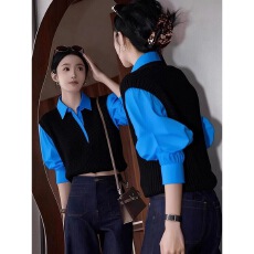 批发蓝黑撞色<b class='q'>假两件</b>衬衫女士早秋新款欧货设计感拼接洋气气质显瘦<b class='q'>上衣</b>