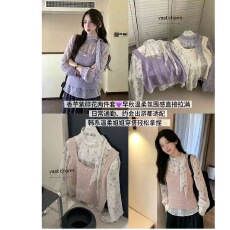 批发韩系甜美减龄钩花针织背心+飘带系带碎花小衫套装