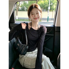 批发黑色长袖T恤女秋季独特别致假两件<b class='q'>打底</b>衫修身显瘦<b class='q'>上衣</b>