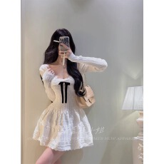 批发恋恋笔记本韩版新款千金少女小白花温柔蝴蝶结钩花针织连衣裙