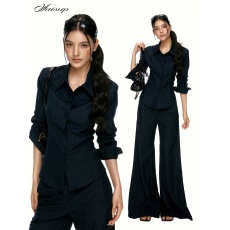 Aaisup 高智感条纹收腰衬衫套装女早秋垂感显瘦西装微喇裤两件套