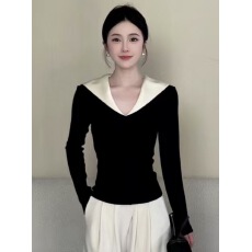 批发撞色拼接V领长袖女2026秋季<b class='q'>新款</b>打底衫上衣➕裤子套装