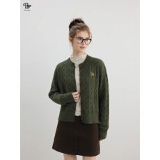 批发BZXO高级感墨绿色麻花毛衣开衫<b class='q'>外套女</b>春秋新款<b class='q'>短</b>款针织衫长袖上衣