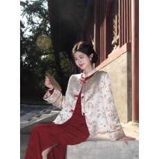 批发新中式红色撞色长袖改良旗袍连衣裙+<b class='q'>缎面</b>印花短款棉服外套