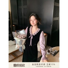 批发鹿阿姨卓叔叔鸢尾花蝶法式假两件丝绒<b class='q'>连衣裙</b>女冬内搭<b class='q'>礼服</b>裙子