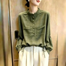 批发高级立领衬衫女<b class='q'>七分袖</b>绿色抽绳显瘦上衣气质设计感小衫别致2026年